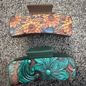 Floral Hair Claw Clips - Brown and Teal - large - 2pk